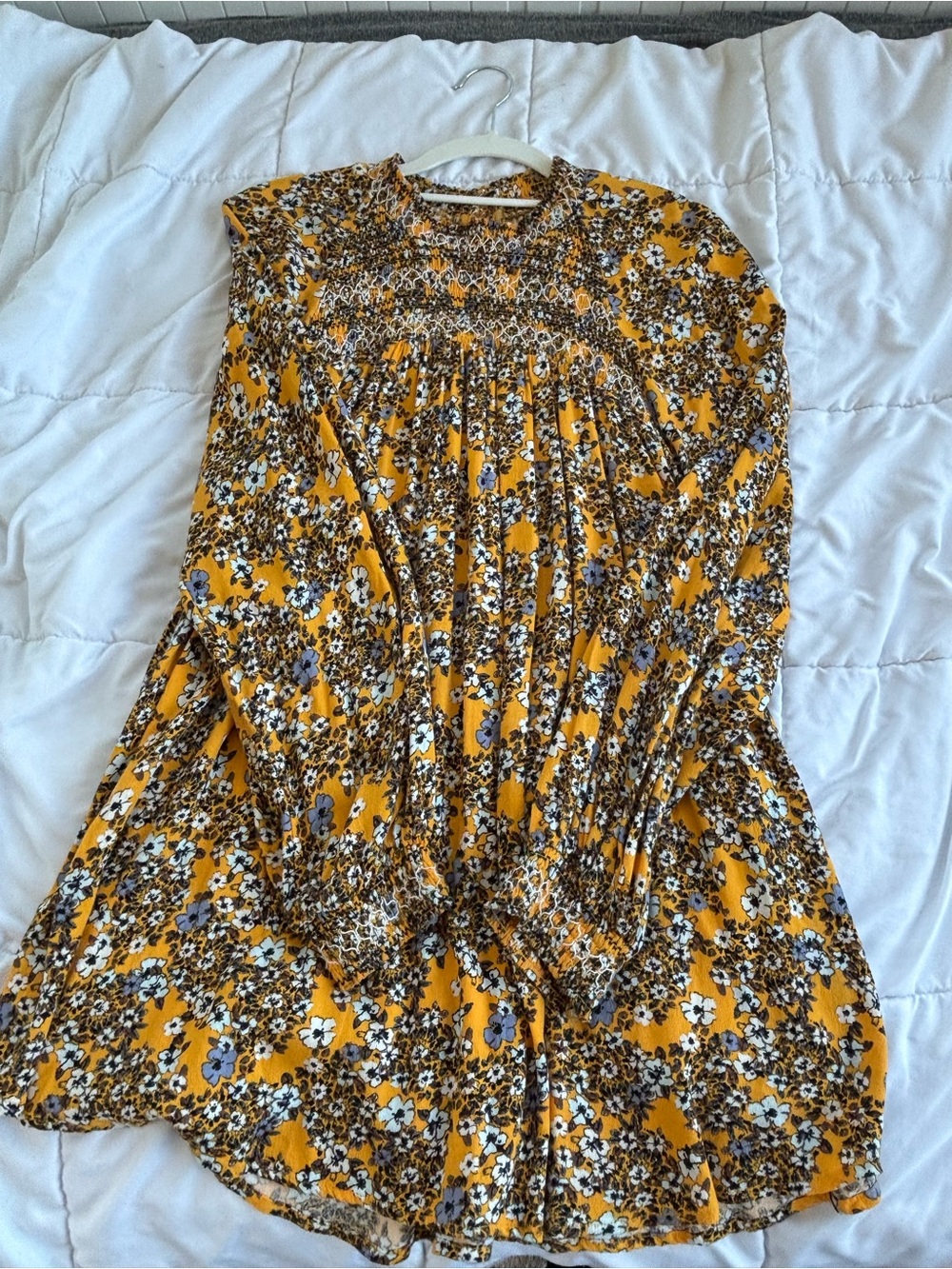 Free People Mustard Yellow Floral Smocked Mini Dress Tunic S Long Sleeve Boho